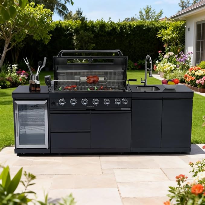 95-Inch Outdoor Kitchen Island Grill - 43” 6-Burner 85000 BTU Propane Gas Grill w/Wine Cooler/Refrigerator, Rotisserie Kit, Granite Countertops, Stainless Steel Sink, 304 Marine Grade SS, Black