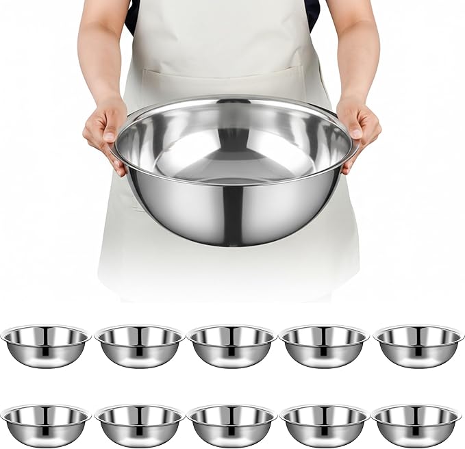 10 Pcs Stainless Steel Mixing Bowls Metal Mixing Bowls Extra Large Basin Salad Bowl with Deeper Edge, Dishwasher Safe, Mirror Finish for Home and Commercial, Silver (14 Inch 8 Qt)