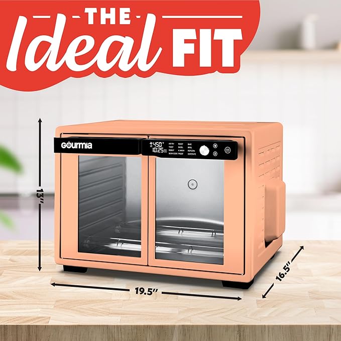 Gourmia French Door Air Fryer Oven - 37 Qt Large Capacity Convection Toaster Oven, FryForce 360°, Digital Display, 12 Cooking Presets, Dehydrate, Fits 13” Pizza, Dishwasher-Safe, Peach