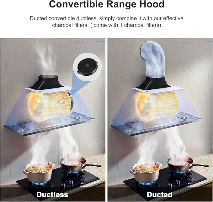 HisoHu Insert Range Hood 36 Inch, 900 CFM with Ducted Convertible Ductless (Kit Included), 4 Speed Gesture Sensing&Touch Control Panel, Stainless Steel Kitchen Vent (36 Inch)