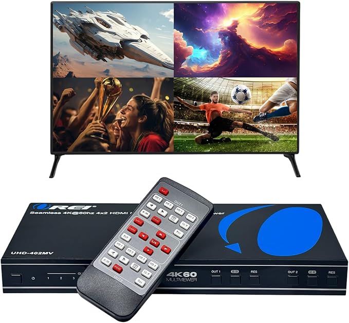 OREI 4K Multi HDMI Viewer Quad 4 in 2 Out, Matrix Switcher 4 Ports Seamless IR Remote Support 4K @ 60Hz 1080P for PS4/PC/DVD/Security Camera, HDMI Switch Optical Audio L/R Output - UHD-402MV