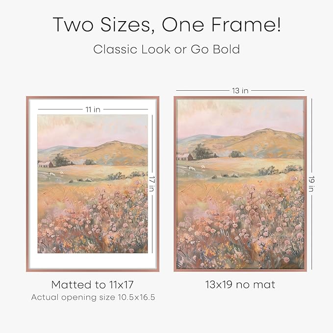 Homeforia 13x19 Picture Frame Mocha, High End Metal 13 x 19 Poster Frames with Mat 11 x 17 for Photo, 13x19 Mocha Frame Matted to 11x17 inch Print, 19x13 Thin Frame, Tempered Glass, Wall Kit, Set of 1