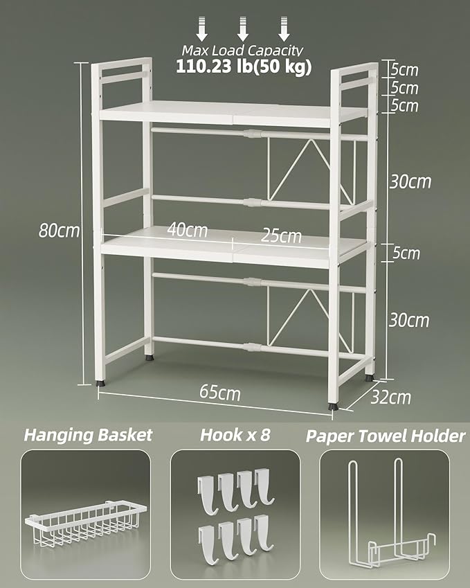 NETEL Expandable Microwave Stand,3 Tier Metal Kitchen Countertop Organizer Shelves with Paper Towel Holder and Baskets,Microwave Shelf,Microwave Oven Rack,110lbs Weight Capacity,White