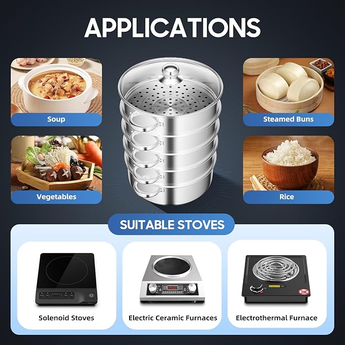 5 Tier Stainless Steel Steamer Pot Multipurpose Steam Cookware Steaming Pot Versatile Steamer for Healthy Cooking Durable 304 Food Grade Steel Ideal for Meal Prep Steaming 33.06 lb Capacity