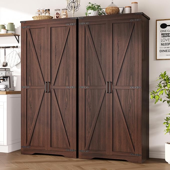 Tall Storage Cabinet with Adjustable Shelves, Farmhouse Pantry Organize with 2 Barn Doors, Large Freestanding Cabinet for Kitchen, Garage, Basement, Living, Utility Room, Brown