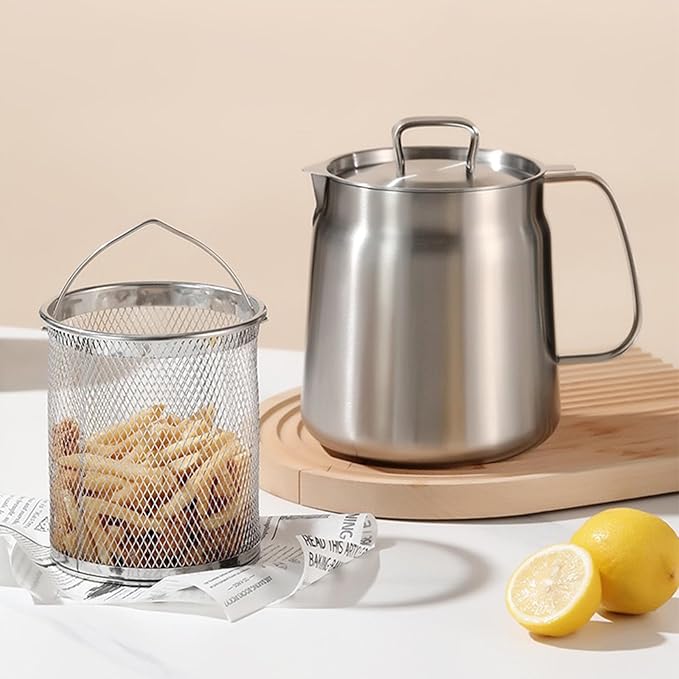 2-in-1 304 Stainless Steel Multifunctional Deep Fryer Pot with Basket & Strainer, Large Capacity Oil Filter Pot, Bacon Grease Container with Steel Pour for Kitchen, Camping, Cooking (68oz/2L)