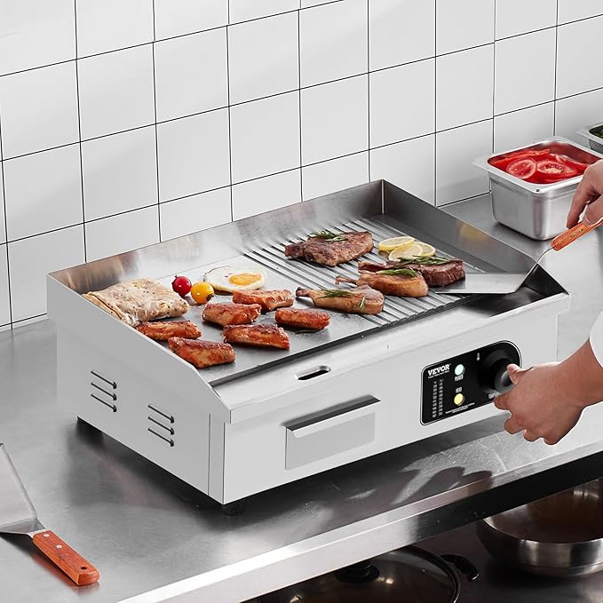 VEVOR Commercial Electric Griddle, 1600W Countertop Half-Flat Top Grill, 22in Stainless Steel Griddle Grill with 2 Shovels and 2 Brushes for Home or Restaurant, 122℉-572℉ Adjustable Temp