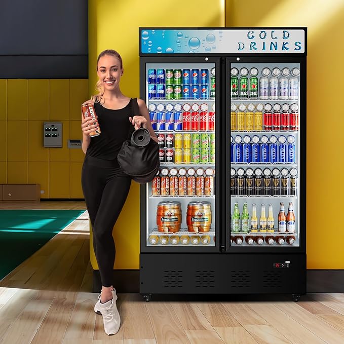 Commercial Beverage Refrigerator, 40 Cu.ft.Display Fridge Glass Door Upright Display Door with Adjustable Shelves LED Light for Restaurant,Grocery Stores,Office