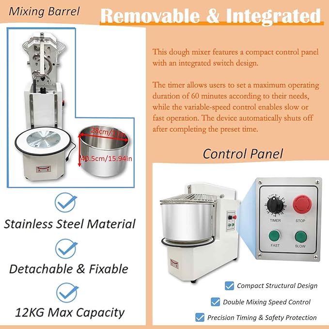 30L Commercial Dough Mixer 110V, Double-Speed Dual-Motion System (Bowl & Spiral Hook) Stainless Steel Dough Kneading Machine, Detachable Bucket, for Mixing Flour
