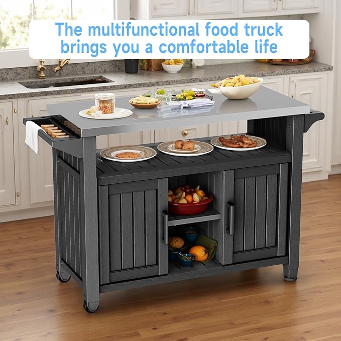 54" Portable Outdoor Table with Stainless Steel Top - Heavy Duty Resin BBQ Grill Cart & Pizza Oven Stand - All-Weather Kitchen Prep Station with Large Storage Cabinet & Smooth Wheels, Black
