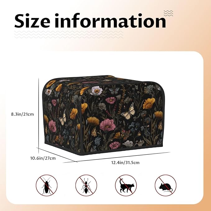 4 Slice Toaster Cover for Kitchen Flower Vintage Butterfly Botanical Waterproof Dustproof Toaster Dust Cover with Side Pockets Decorative Universal Cover for Wide Slot Toasters Small Appliances