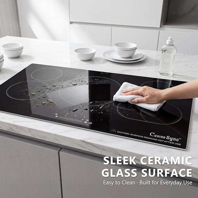 36″ Built-In Electric Cooktop – 5 Burner Ceramic Glass Stove, 9200W High Power, Precise Touch Control, 9 Heat Levels, Child Lock, Timer & Residual Heat Indicator, 220–240V Hard-Wired