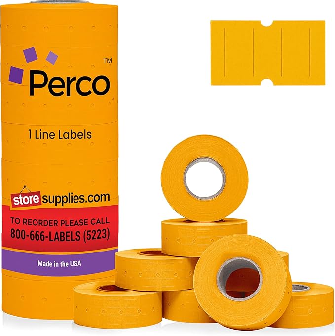 Perco 1 Line Fluorescent Orange Labels - 8 Rolls, 1 Sleeve, 8,000 Blank Price and Date Gun Labels for Perco Lite, X, Plus and Pro 1 Line Price and Date Guns - Made in USA