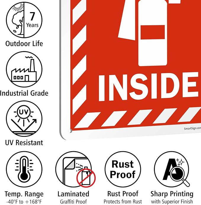 SmartSign 14 x 10 inch “Fire Extinguisher Inside” Metal Sign with Pre-cleared Holes, 40 mil Laminated Rustproof Aluminum, Red and white, Made in USA