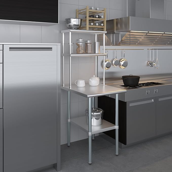 Amgood Stainless Steel Work Table Double Tier Overshelf | Metal Kitchen Prep Table & Shelving Combo (30" x 24" Work Table + 12" Overshelf)