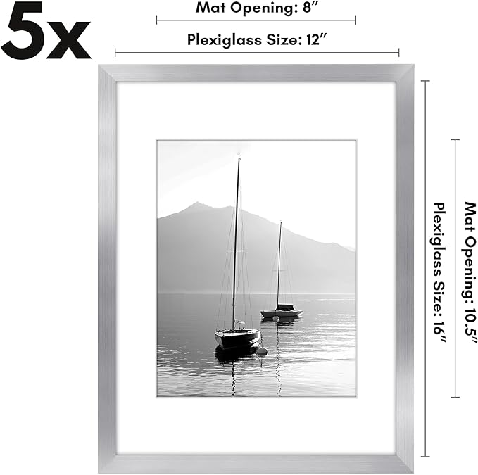 Americanflat 12x16 Picture Frame with Polished Plexiglass - Set of 5 - Use as 8.5x11 Frame with Mat or Display 12x16 Photo Without Mat - Galleria Collection - Picture Frames for Wall Display - Silver