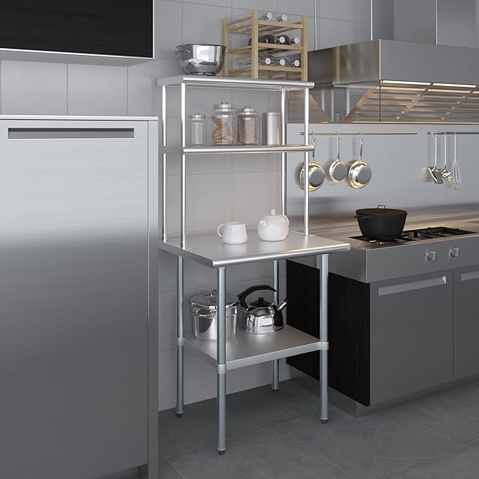 Amgood Stainless Steel Work Table Double Tier Overshelf | Metal Kitchen Prep Table & Shelving Combo (24" x 30" Work Table + 12" Overshelf)