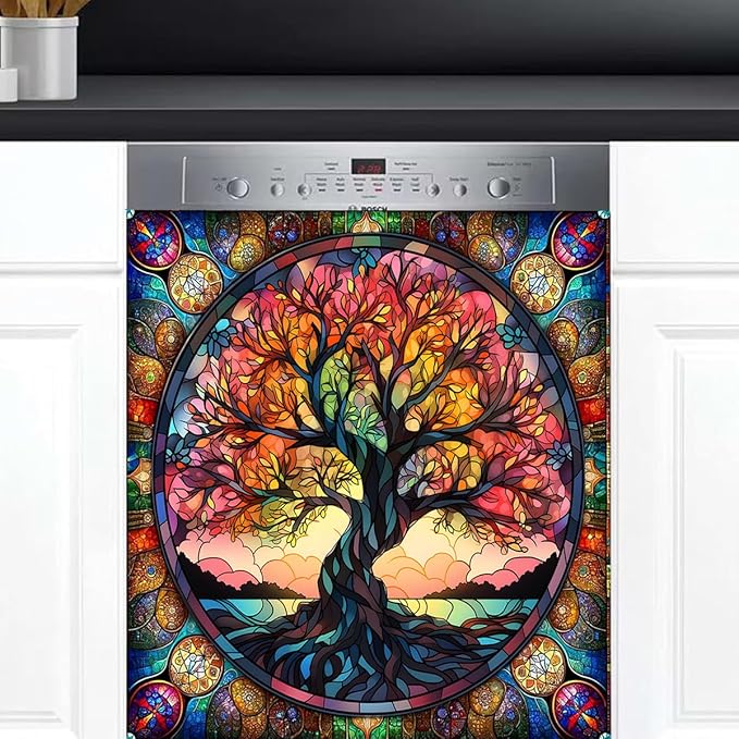 Tree of Life Dishwasher Magnet Cover Tree of Life Glass Dishwasher Decorative Cover Front Dishwasher Door Cover Reuseable Dishwasher Cover for Kitchen Refrigerator Home Appliances 23" X 26"