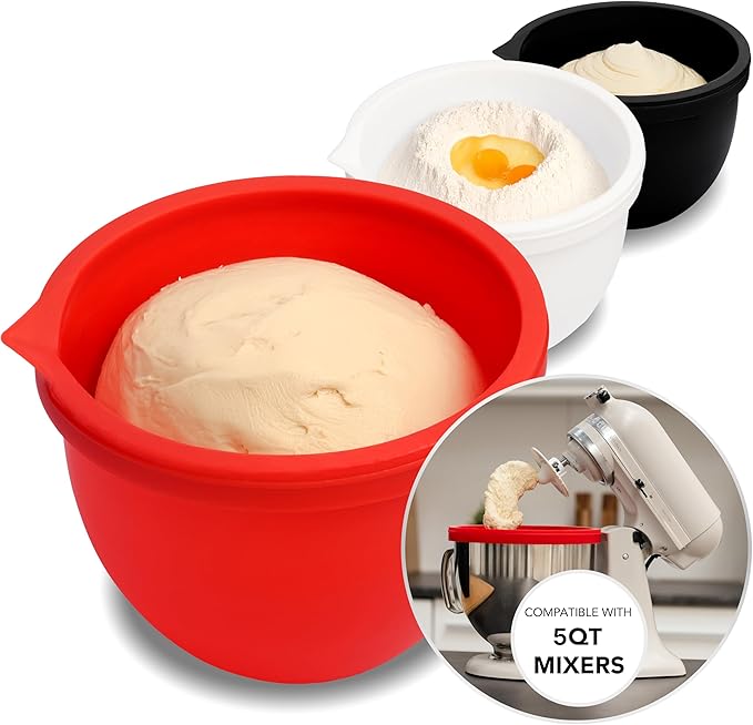MixAid™ Silicone Bowl Liners for KitchenAid Tilt-Head 5 Qt Stand Mixers – 3 Silicone Liners & Lids – Replacement Mixer Accessories – Dishwasher Safe – Mixing Bowl Inserts – Not for Bowl-Lift Models