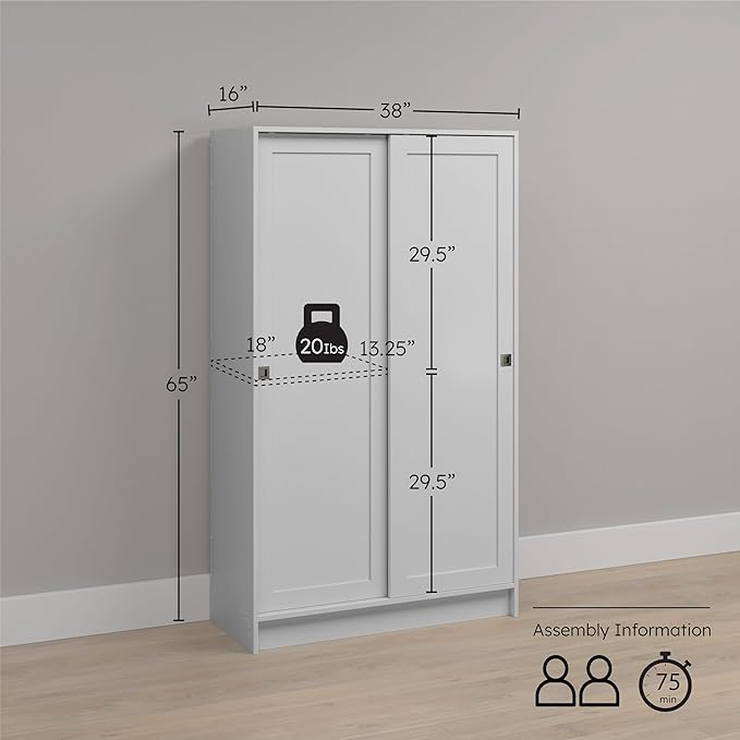 Prepac Elite Plus 38" Wide Storage Cabinet, 65" Tall Pantry Cupboard with 2 Fixed and 4 Adjustable Shelves, Laundry Room Cupboard with Sliding Doors and Metal Knobs, Living Room Accent Cabinet, White