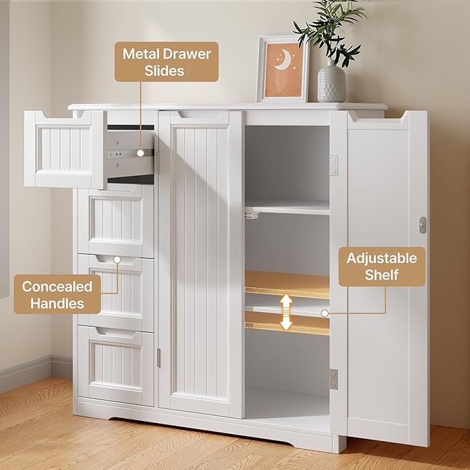 Gizoon Storage Cabinet, Bathroom Floor Cabinet, Kitchen Pantry, Side Storage Organizer with 4 Drawers & Double Doors, Adjustable Shelf, for Bathroom, Living Room, Entryway, White
