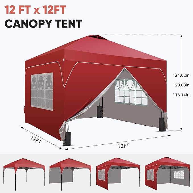 Saemoza 12x12 Pop Up Canopy Tent with One Push Setup, Outdoor Sun Shade Canopy with Vent Top for Backyard Party, Easy Up Instant Shelter with 4-Sandbags & Wheel Bag, Red.