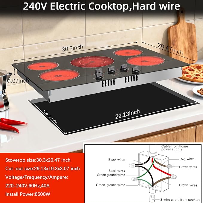 Karinear Electric Cooktop 30 Inch, 5 Burner Radiant Cooktop with Knob & Touch Control, 8500W 240V Built-in Stove Top, 9 Power Levels, Timer, Child Lock, Pause, Residual Heat Indicator(Black Knob)