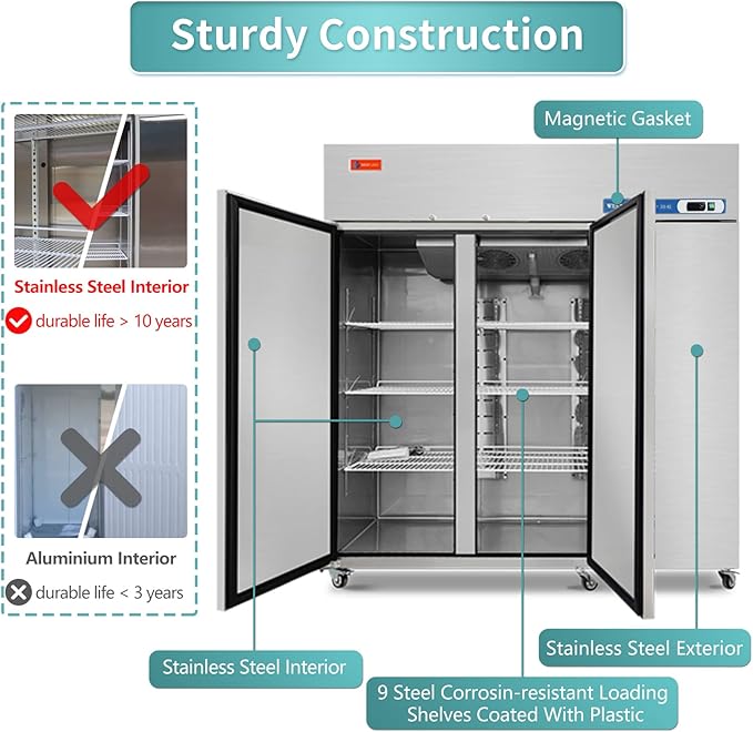 WESTLAKE 72" W Commercial Refrigerator 3 door 3 Section Stainless Steel Reach in Solid door Upright Fan Cooling 54 Cu.ft Cooler for Restuarant, Bar, Shop, etc