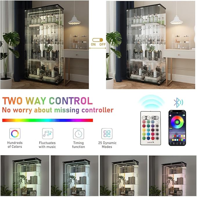 Glass Display Cabinet with LED Light Strip & Mirror Back Panel, 4 Shelves with 2 Doors, Curio Storage Cabinets with Lock for Living Room, Office, Floor Standing Glass Bookshelf - Black