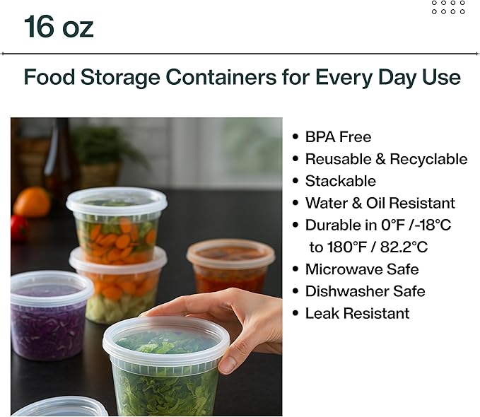 16oz [20 set] Heavy Duty Plastic Deli Container | BPA-Free Food Storage with Airtight Leak‑Proof Lids | Microwave, Freezer & Dishwasher Safe – Stackable, Bulk Reusable Soup & Meal Prep Tub