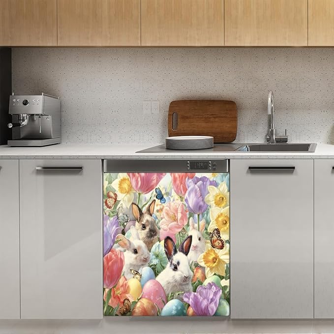 Dishwasher Magnet Cover Easter Bunny Eggs Dishwasher Door Cover Panel Decals Magnetic Refrigerator Covers for Kitchen Farmhouse Home Decor 23 X 26 in