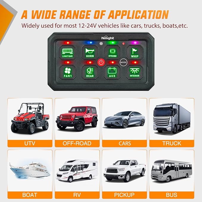 Nilight 8 Gang Switch Panel Green Circuit Control Relay System with Fuse Wiring Harness Toggle Momentary Strobe Flash Modes Automatic Dimmable ON Off Pod 12V 24V for Car Truck Camper SUV