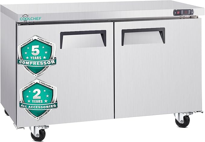 60" Commercial Double Door Worktop Refrigerator, 17 Cu.ft Stainless Steel Prep Table Fridge, R290 Heavy-Duty Undercounter Cooler