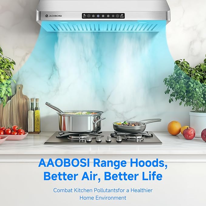AAOBOSI Range Hood 30 inch Under Cabinet,800-CFM Gesture Sensing/Touch Control/Motor Upgrade Low Noise,3 Speed Range Hood with LED Lights Exhaust Fan, Stainless Steel Kitchen Vent Hood