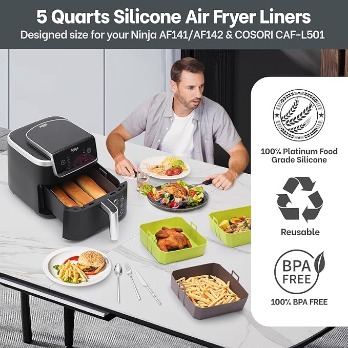 5QT Air Fryer Silicone Liners for Ninja AF141/AF142 & COSORI CAF-L501, Square Reusable Air Fryer Liners with Handle, 2 Pack BPA Free Platinum Silicone Basket, Upgrade
