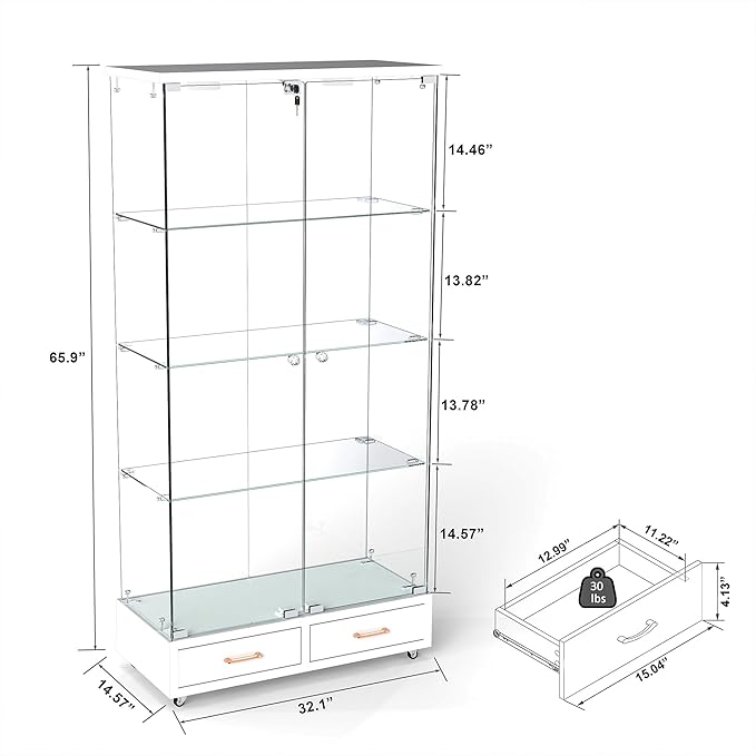 Yoluckea 4 Tier Glass Display Cabinet with LED Lighting and 2 Drawers, 2 Doors Floor Standing Curio Cabinet with Wheel for Home, Office, Corner Display, White Glass Bookshelf for Collections and Decor