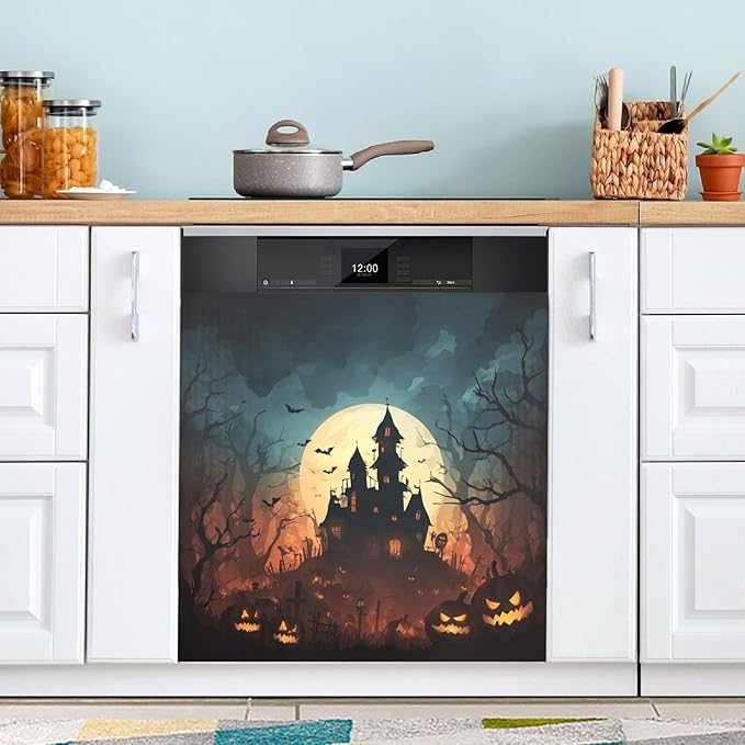 Halloween Pumpkins Orange House Dishwasher Magnet Cover for Front Panel Magnetic Dishwasher Cover Decorative Refrigerator Magnet Covers Dishwashers Magnetic Sticker for Home Kitchen Decor, 23" x 26"