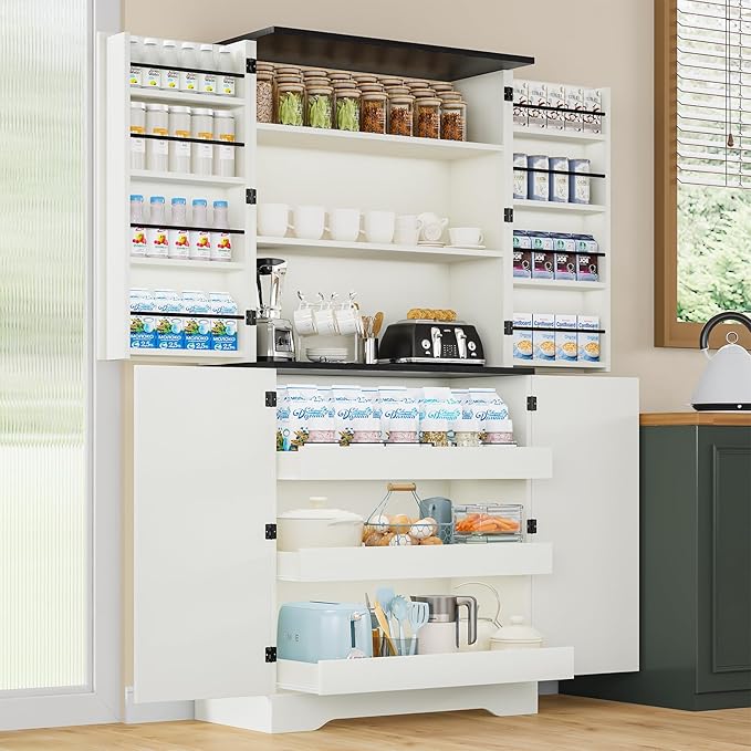 72" Kitchen Pantry Storage Cabinet, Farmhouse Pantry Cabinet with 8 Hanging Rack Shelves & 3 Pull-Out Racks, Pantry Storage Cabinet, Freestanding Cupboard for Kitchen, Dining Room, White