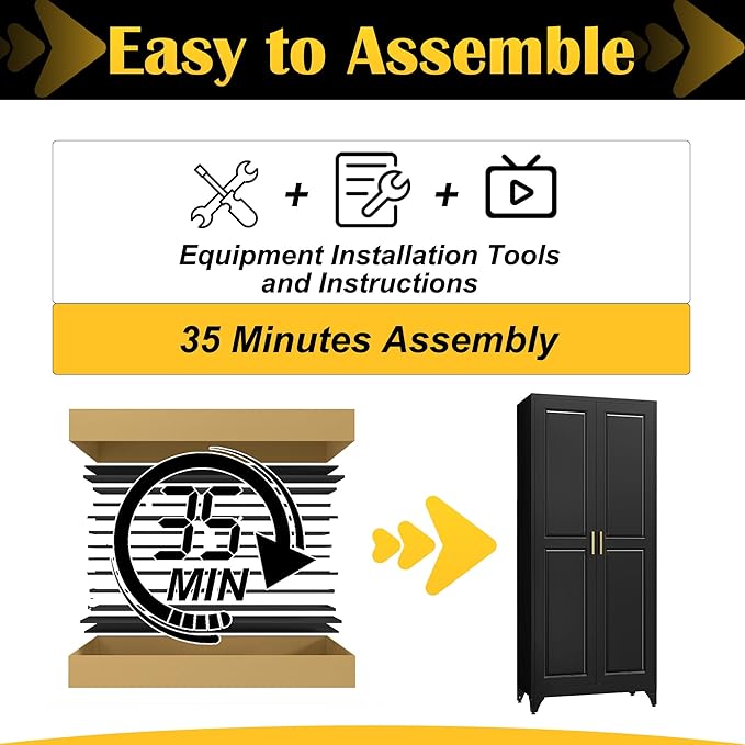 Kitchen Pantry Cabinet,75”Black Metal Storage Cabinets with Doors and 4 Adjustable Shelves,Kitchen Cabinet with 2 Gold Handles,Tall Cabinet for Livingroom, Bathroom