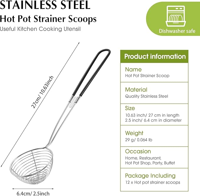 Geiserailie 12 Pieces 6 Pieces Hot Pot Kit Strainer Scoops Stainless Steel 2.5 Inch Mini Spider Strainer Skimmer Pasta Mesh Spoon Asian Skimmer Spoon Ladle with Handle for Home (Black)