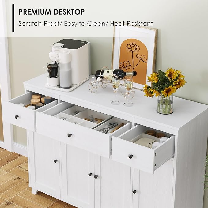 HIFIT Buffet Cabinet White Sideboard Storage Cabinet with 3 Drawers & 4 Doors Adjustable Shelves, 47” Modern Coffee Bar Cabinet, Wood Accent Cabinet for Kitchen Cupboard Dining Living Room