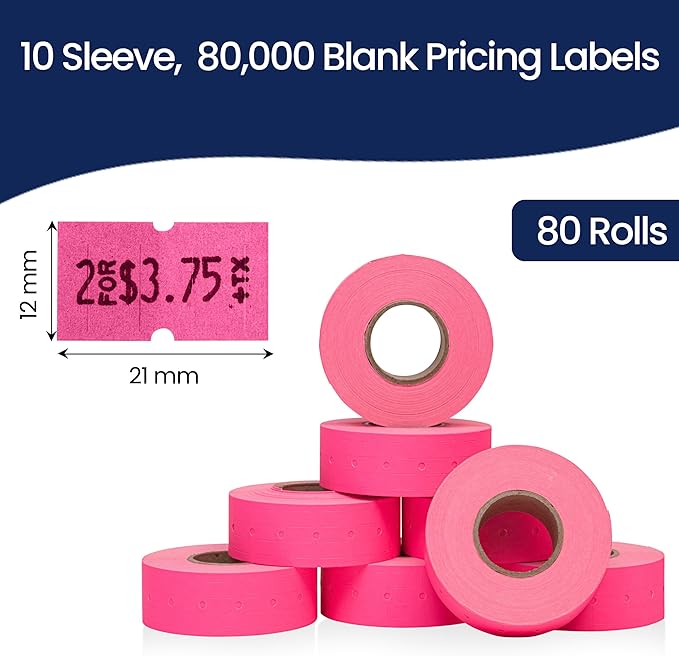 Perco 1 Line Fluorescent Pink Labels - 80 Rolls, 10 Sleeves, 80,000 Blank Price and Date Gun Labels for Perco Lite, X, Plus and Pro 1 Line Price and Date Guns - Made in USA