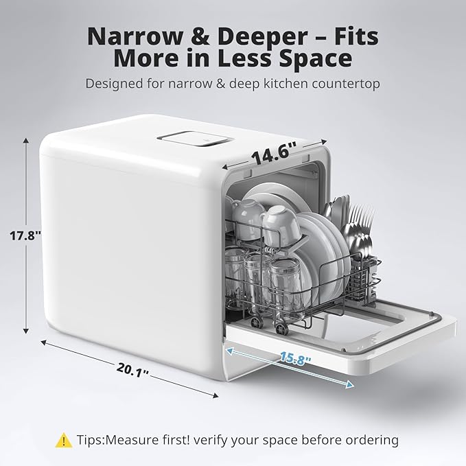 AIRMSEN Narrow Countertop Dishwasher with 5L Water Tank, Portable Dishwasher with 14.6" Narrow & 20.1" Deep Design, 9 Programs, 24H Delay Start & 360° Dual Spray, No Hookup Needed, C01, White