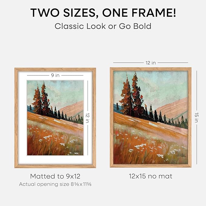 Homeforia 12x15 Wood Frame, High End Natural Oak 12x15 Light Wooden Picture Frame with Mat 9x12, 12 x 15 Poster Frames Matted to 9 by 12 Photo, 15x12 Hanging Frames, Tempered Glass, Wall Kit, Set of 3