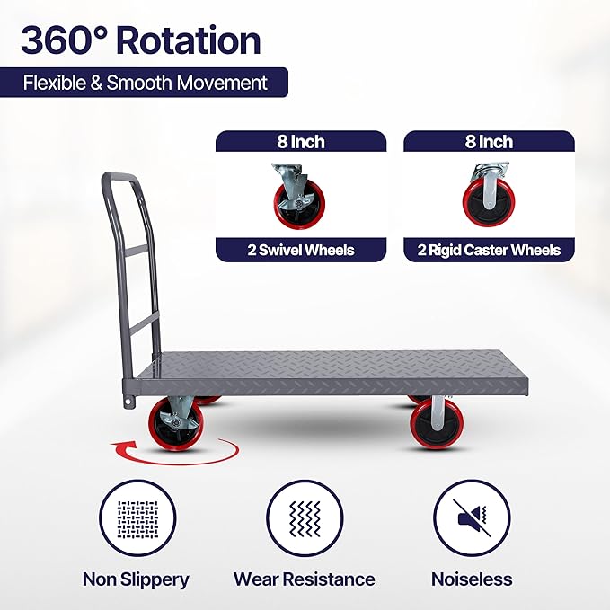 5Seconds Flatbed Platform Cart 3300LB Industrial Dolly Heavy Duty 48” x 24” Platform Hand Push Truck Super Heavy Duty Diamond Plate Flatbed Cart 8'' Swivel Wheels with Lock
