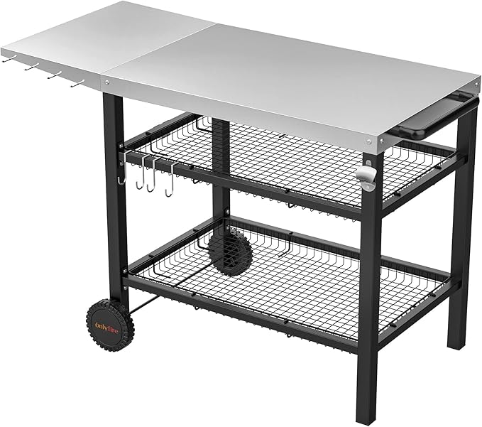 onlyfire Pizza Oven Table Cart for Ooni, Ninja Woodfire, Blackstone Griddle, Cuisinart Pizza Oven, Outdoor Stainless Steel Food Prep Table Movable Food Prep Cart Grill Stand with Storage Basket