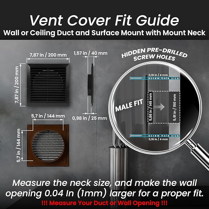 Repa Market 6 Inch (Opening) Black Air Vent Cover - Plastic Fresh Air Intake Vent for Round Duct - Register Vent Cover with Mesh Screen - Wall or Ceiling HVAC Return Air Register - Modern Soffit Vents