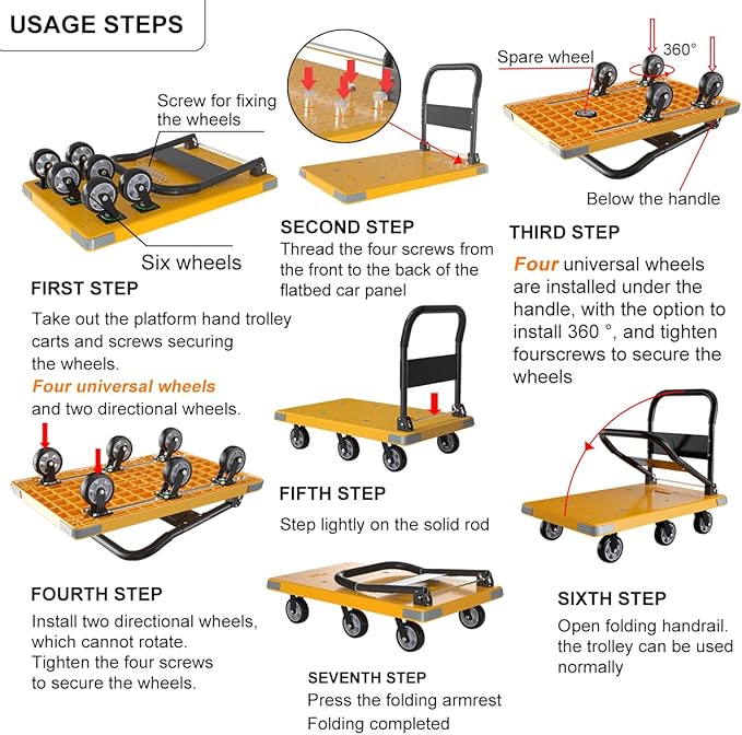 WUD Push Cart, Folding Mobile Platform Trolley,Thickened and Reinforced, 360° Swivel Wheels,47.2 “L x 27.5 ”W, 1764 lb. Yellow Dolly cart with Wheels