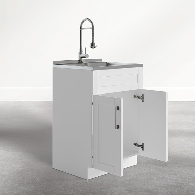 SIMPLIHOME Hennessy All-in-One 24 inch Wide Utility Sink and Laundry Cabinet in Glacier White Finish, Transitional Stainless Steel Sink Cabinet for Laundry Rooms with High-Arch Chrome Faucet