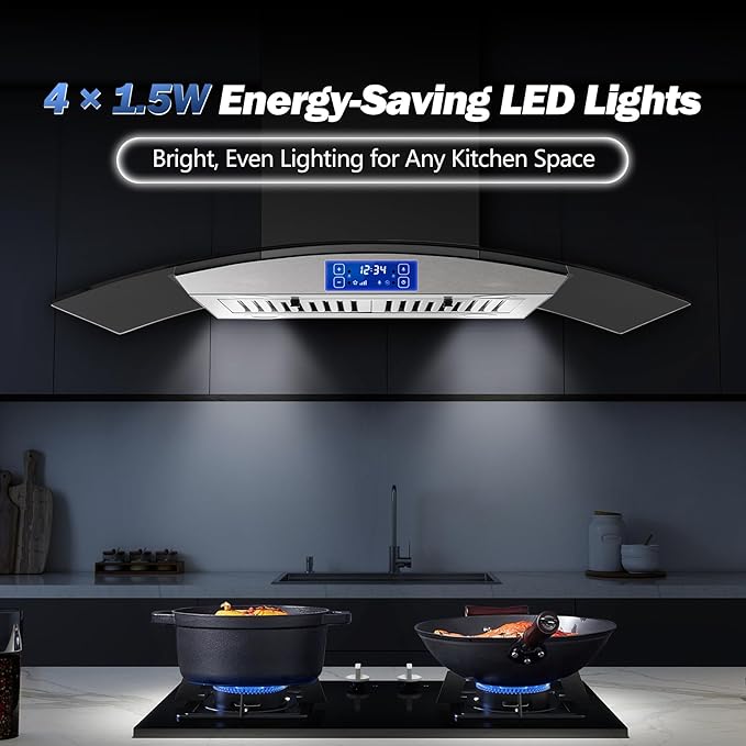 Island Range Hood 36 inch 700 CFM Ceiling Mount Kitchen Stove Hood Ducted with Tempered Glass 4 LED Lights Touch Control 3 Speed Fan Permanent Filters